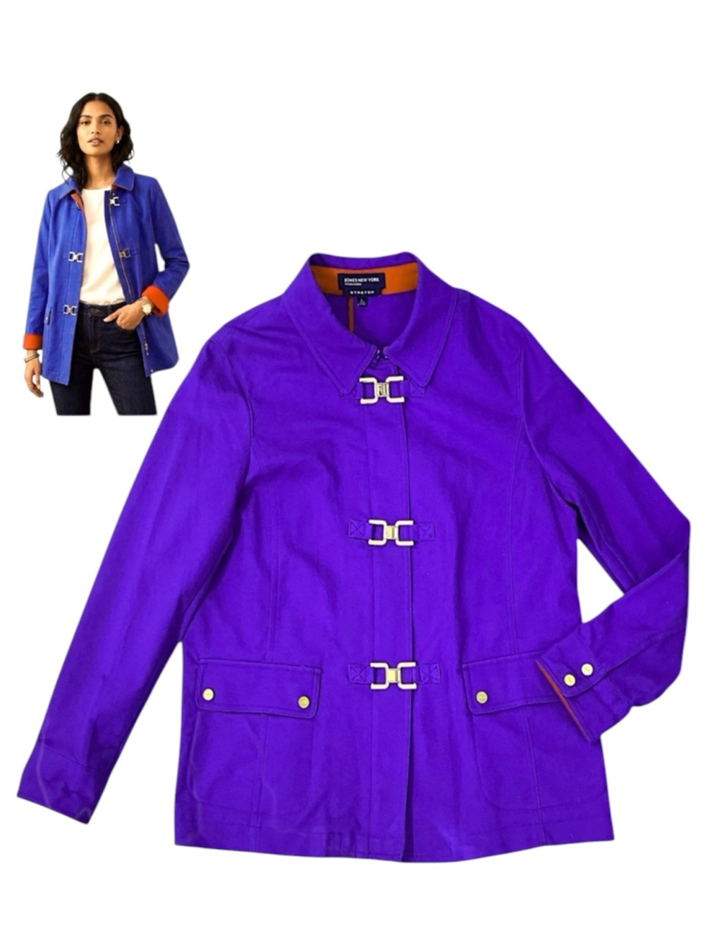 Jones New York Signature Stretch Jacket February Seaport Blue Gold Latch Zip Up